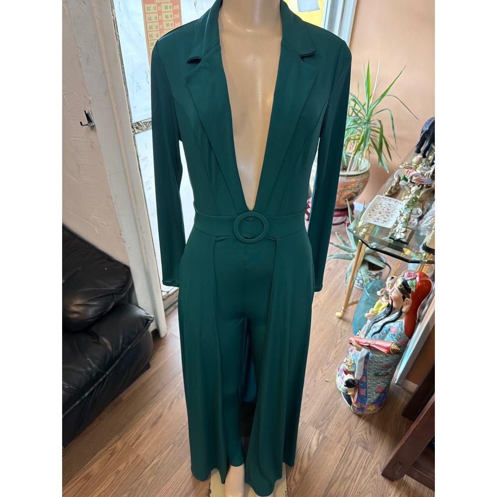 Deep V-Neck Maxi Overlay Jumpsuit in Forest Green Long Sleeve‎ Belted Romper